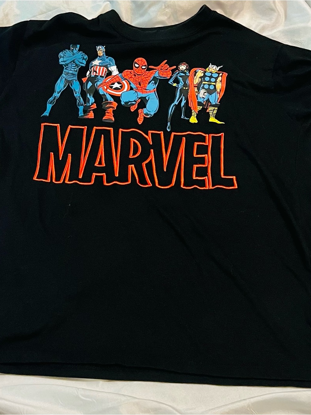 Marvel Black Short Sleeve Tee with Red Logo & Multicolor vintage Character Art S